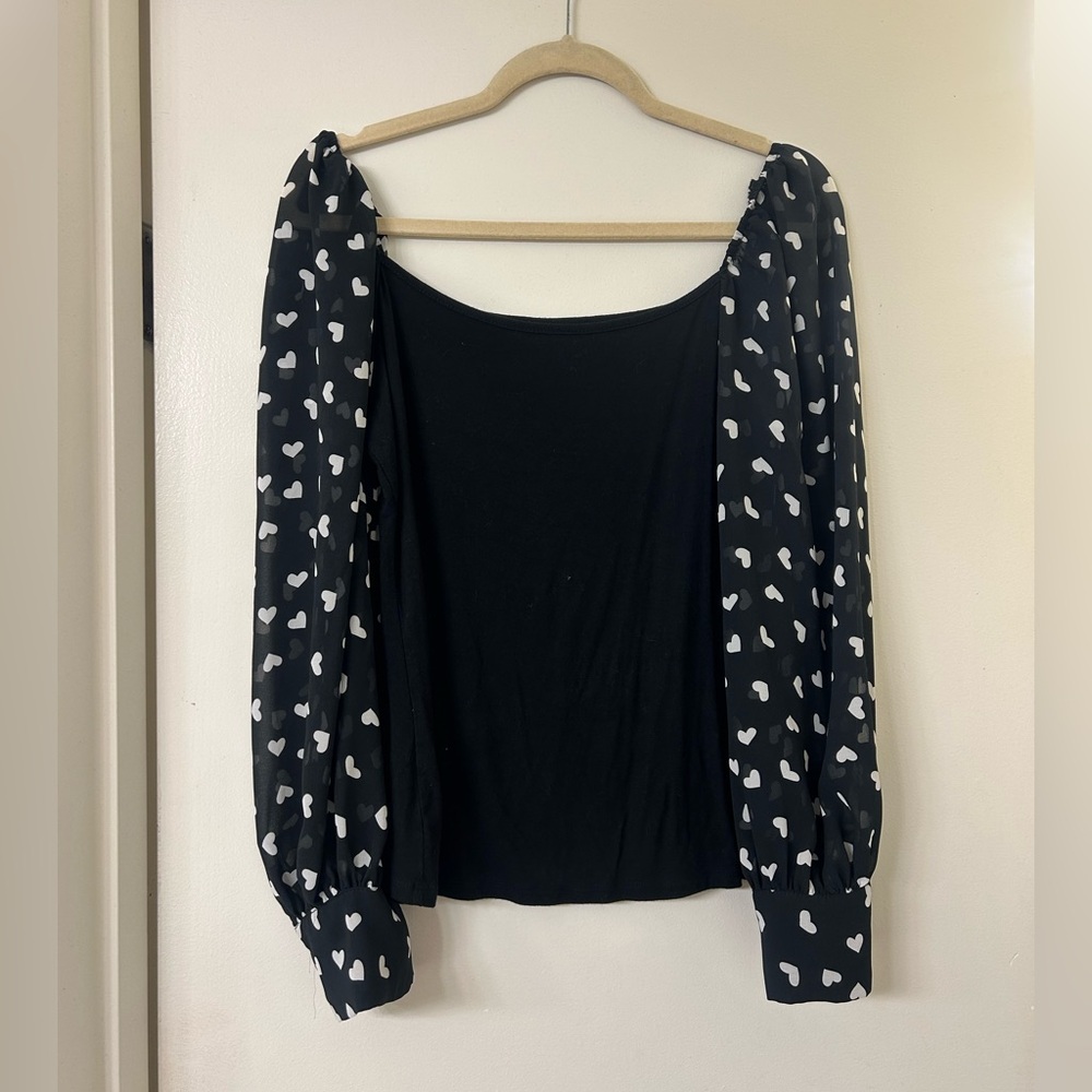 SHEIN Black Top with White Heart Print Sleeves